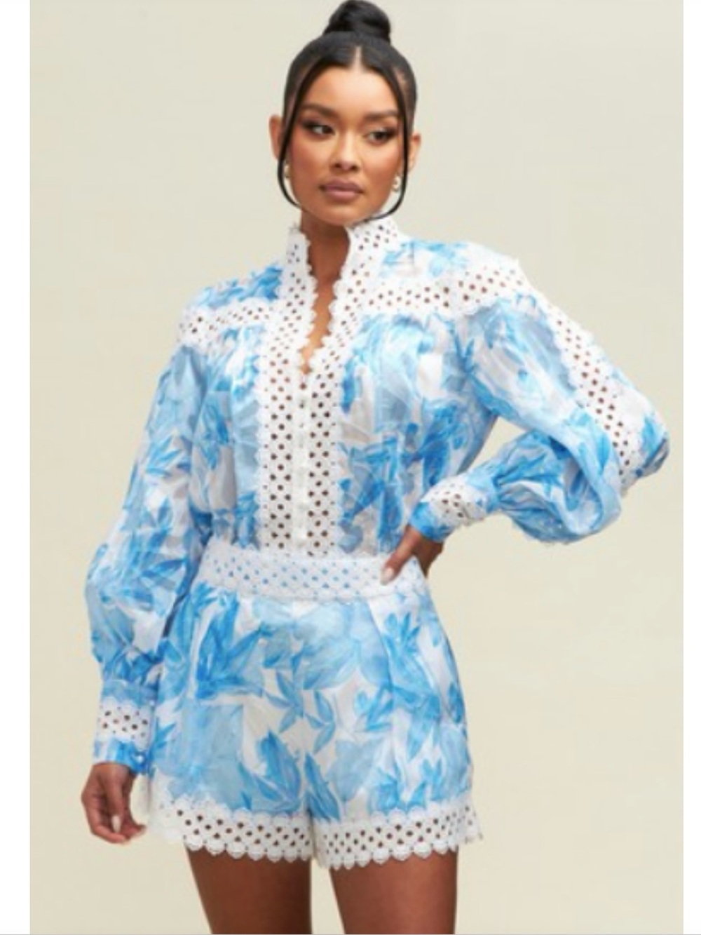 Blue Floral Eyelet Trim Top and Shorts Set